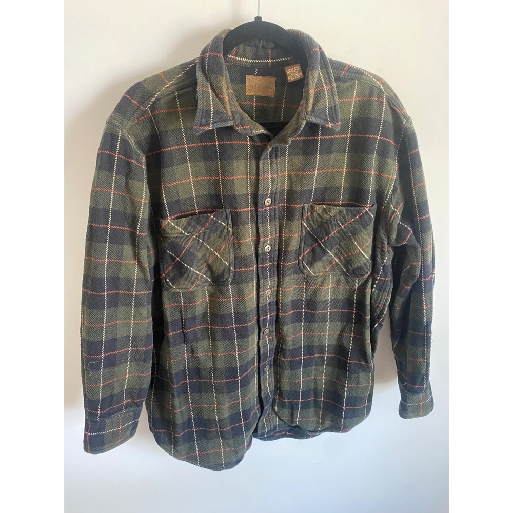 St Johns Bay Mens Large Tall Flannel Shirt Green Plaid Long Sleeve Cotton Button